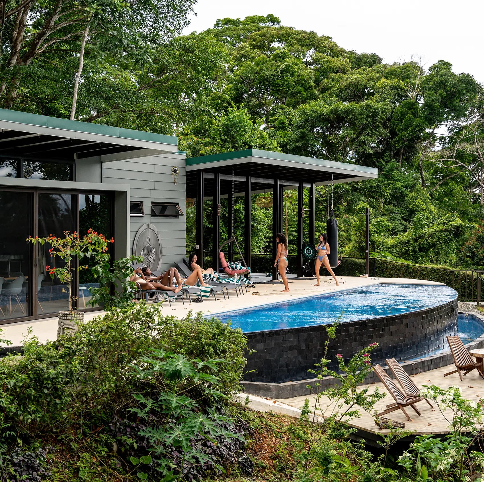 Modern retreat space and pool overlooking the jungle at the Vajra Jahra Retreat Center, perfect for anyone planning to rent a Retreat Center.