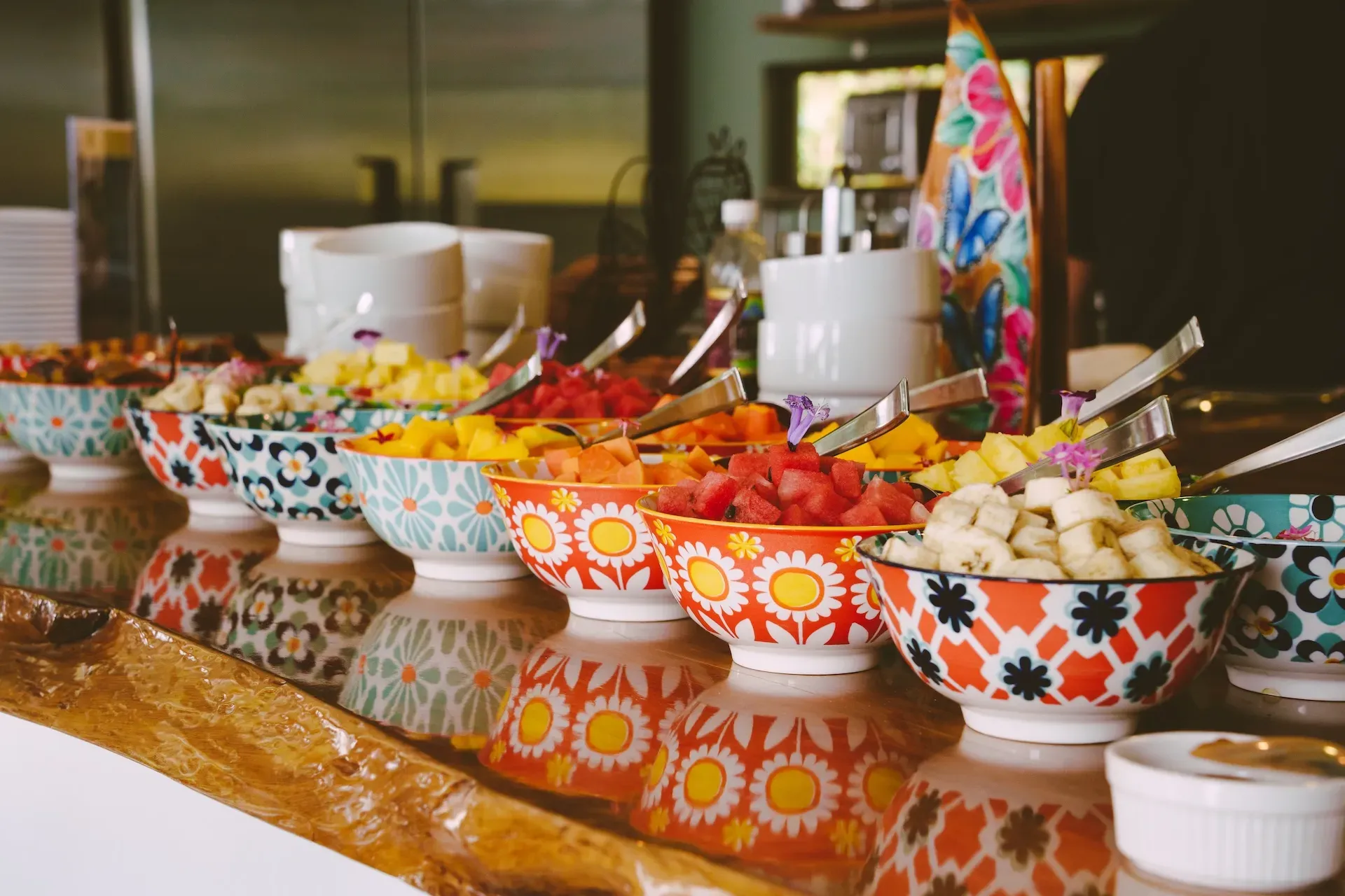 A line of colorful bowls, each filled with delicious produce for a taste of the Diamante Valley.
