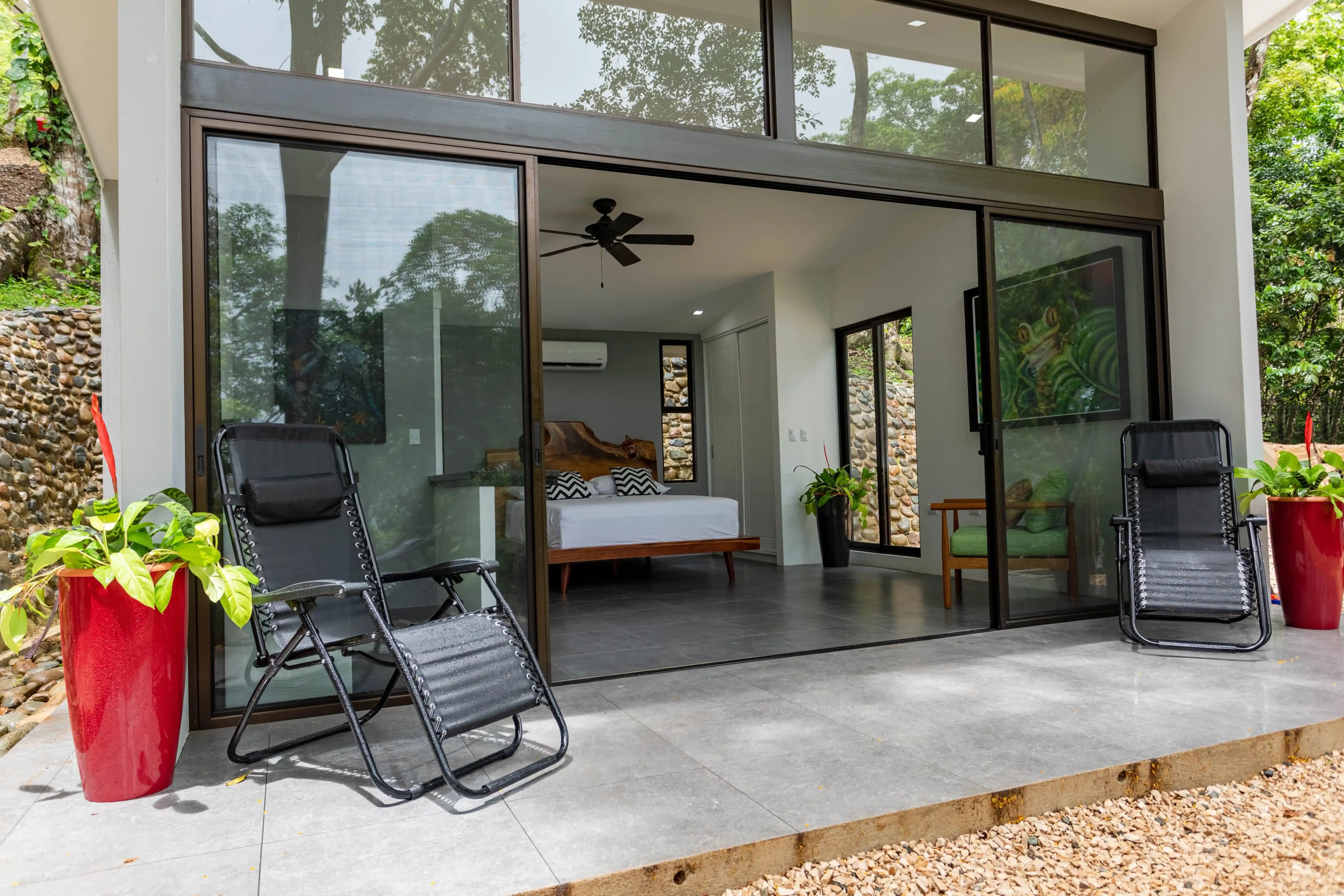 Close up exterior view of a villa and private deck