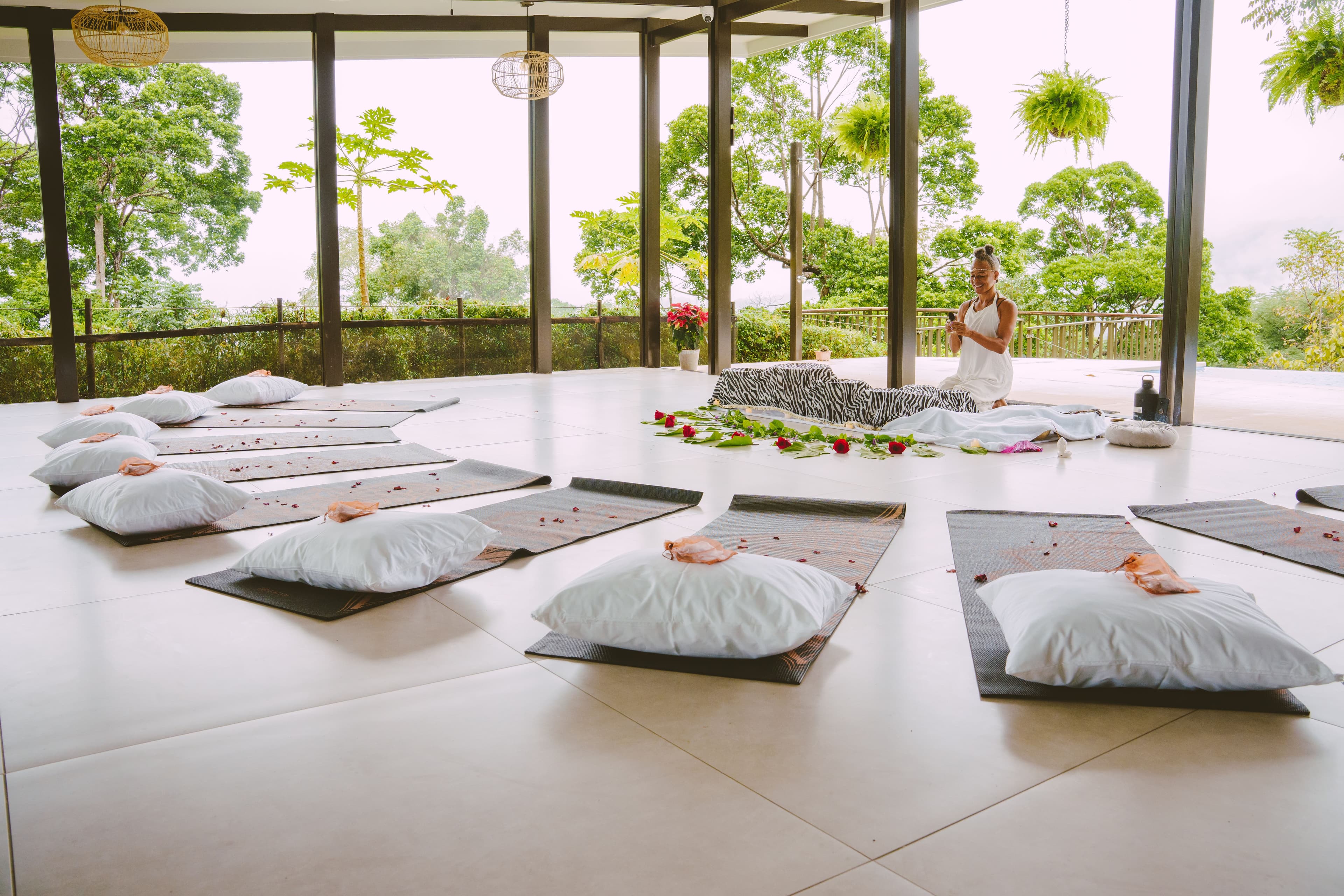 Amenity available when hosting a retreat: Spacious open-air shala with surrounding floor to ceiling windows.