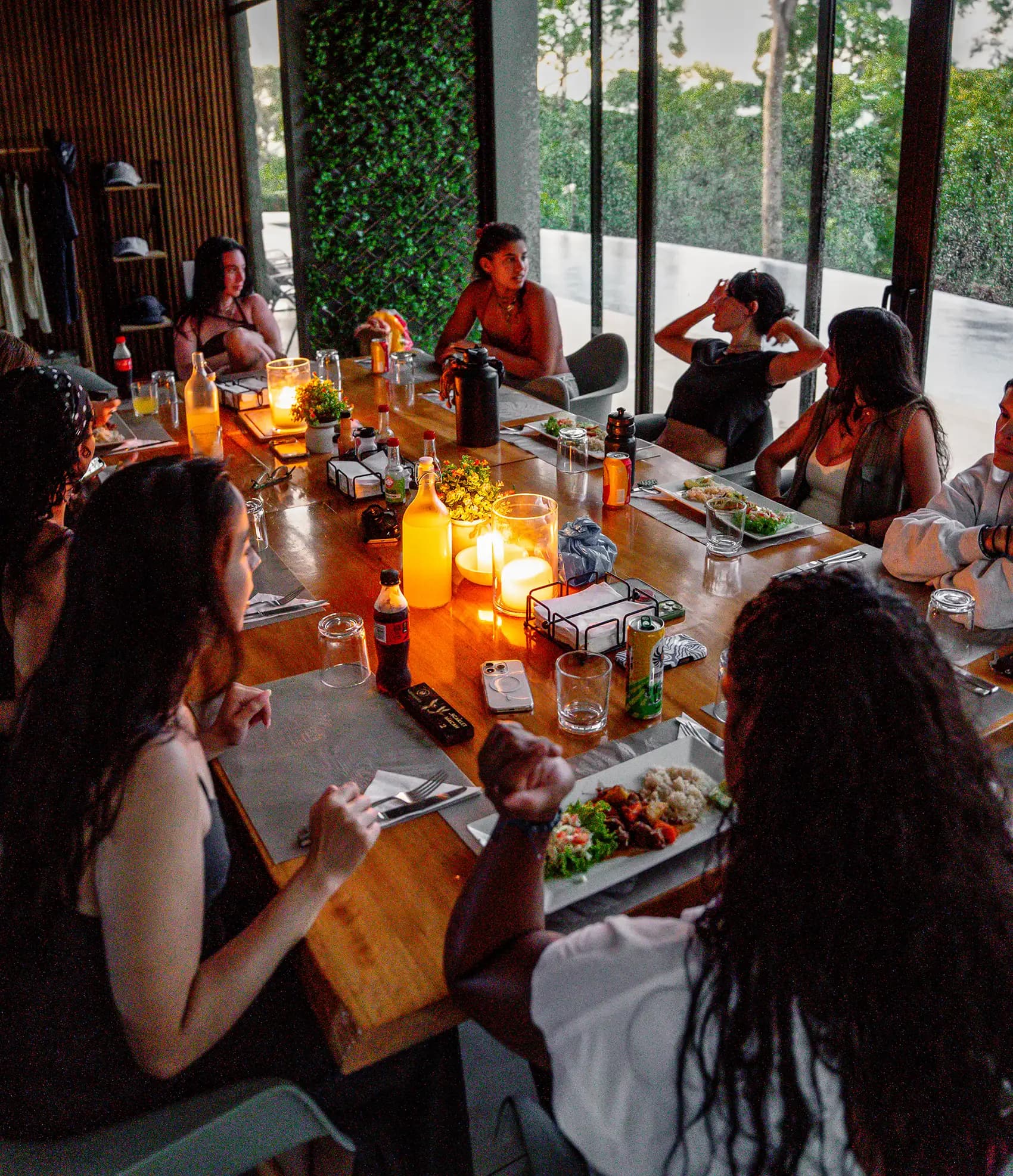 Guests sharing a meal together at Vajra Jahra, embracing community and connection at the Wellness Retreat Center.