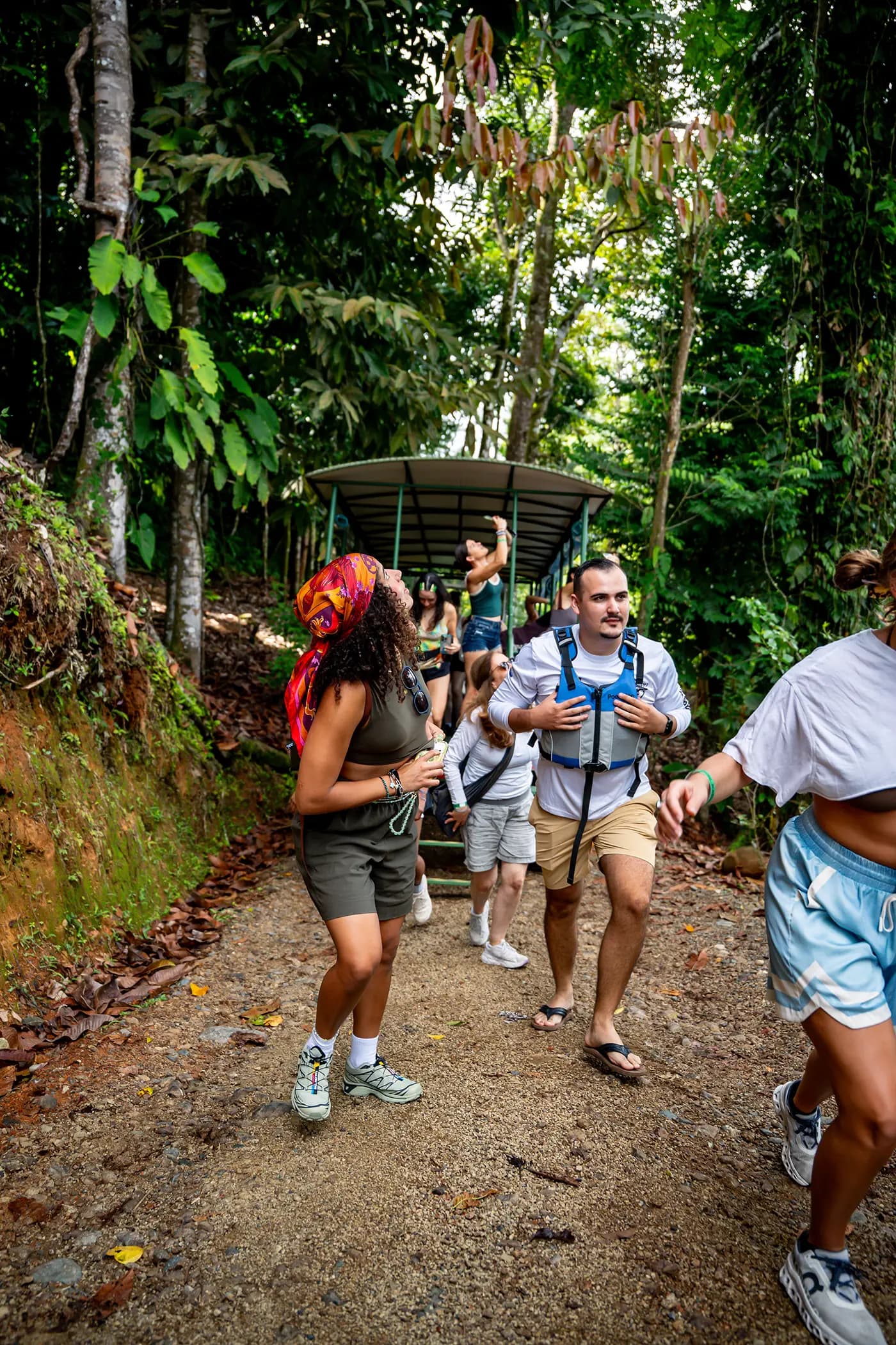 Group of visitors exiting a safari vehicle on an adventure outing from Vajra Jahra, a Costa Rica Retreat Center.