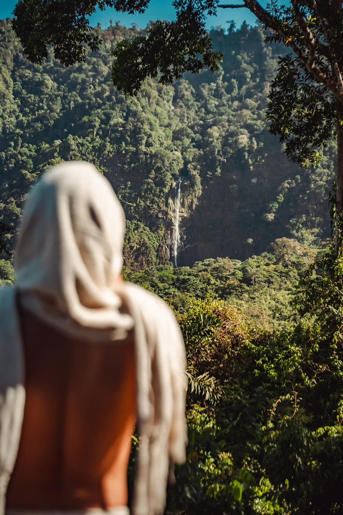 Towering waterfall cascading down lush green cliffs near Vajra Jahra Retreat Center, a stunning natural backdrop for Costa Rica Yoga Teacher Training.