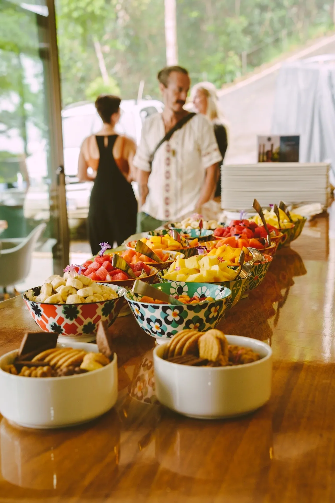 Colorful tropical fruit display prepared for guests at Vajra Jahra, a Costa Rica Retreat Center, showcasing fresh ingredients and local flavors.