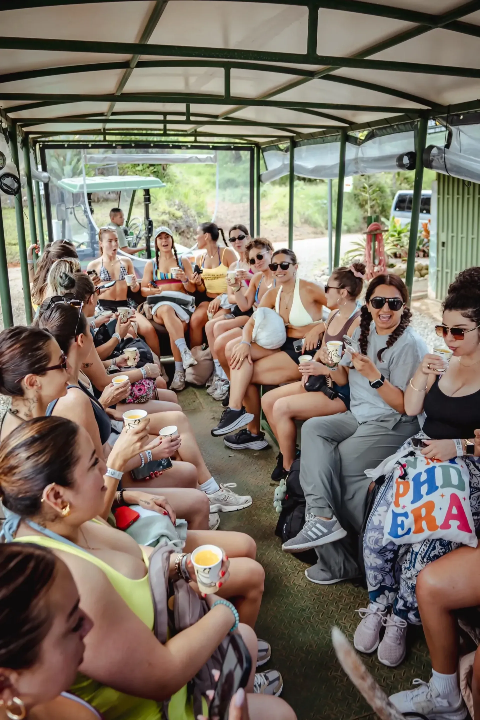 Group of visitors traveling in a safari vehicle on an adventure outing from Vajra Jahra, a Costa Rica Retreat Center.