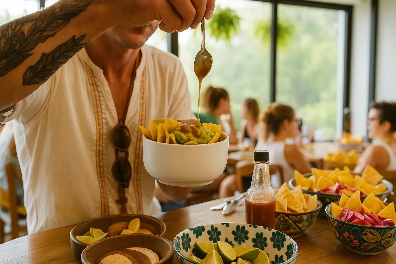 Guest preparing a snack with guacamole during a meal at the Vajra Jahra Retreat Center, creating a welcoming atmosphere for anyone planning to Rent a Retreat Center.