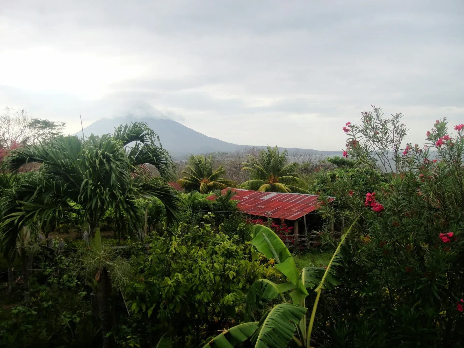 Vibrant tropical landscape overlooking distant volcanic peaks, similar to the restorative landscape around Vajra Jahra Retreat Center, the ideal Costa Rica retreat center for wellness travelers.