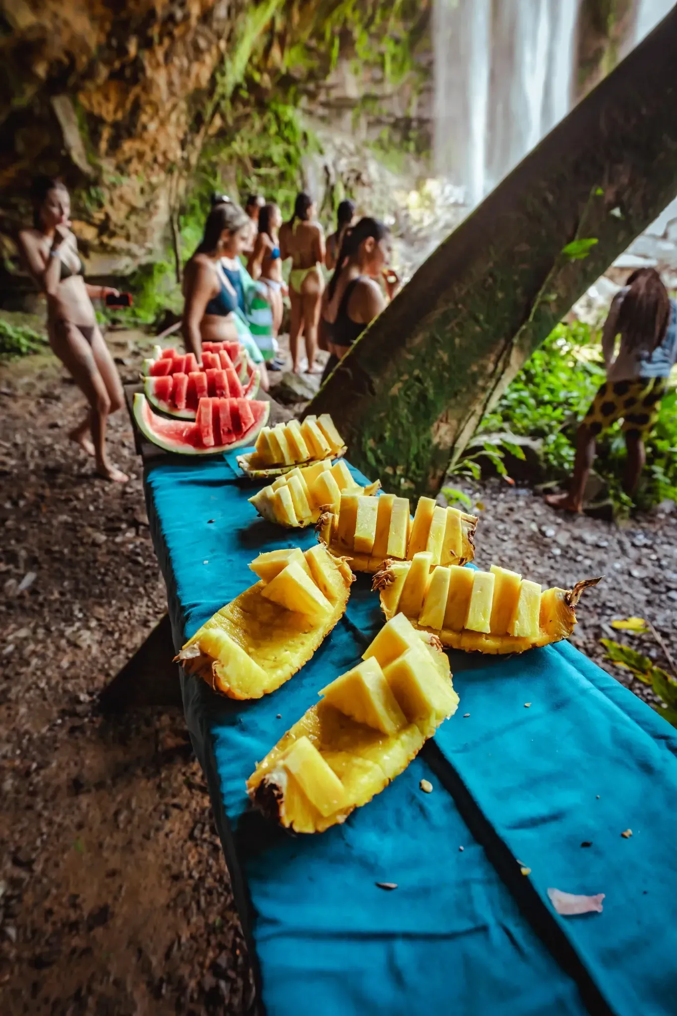 Fresh fruit by a waterfall at a Costa Rica wedding venue.
