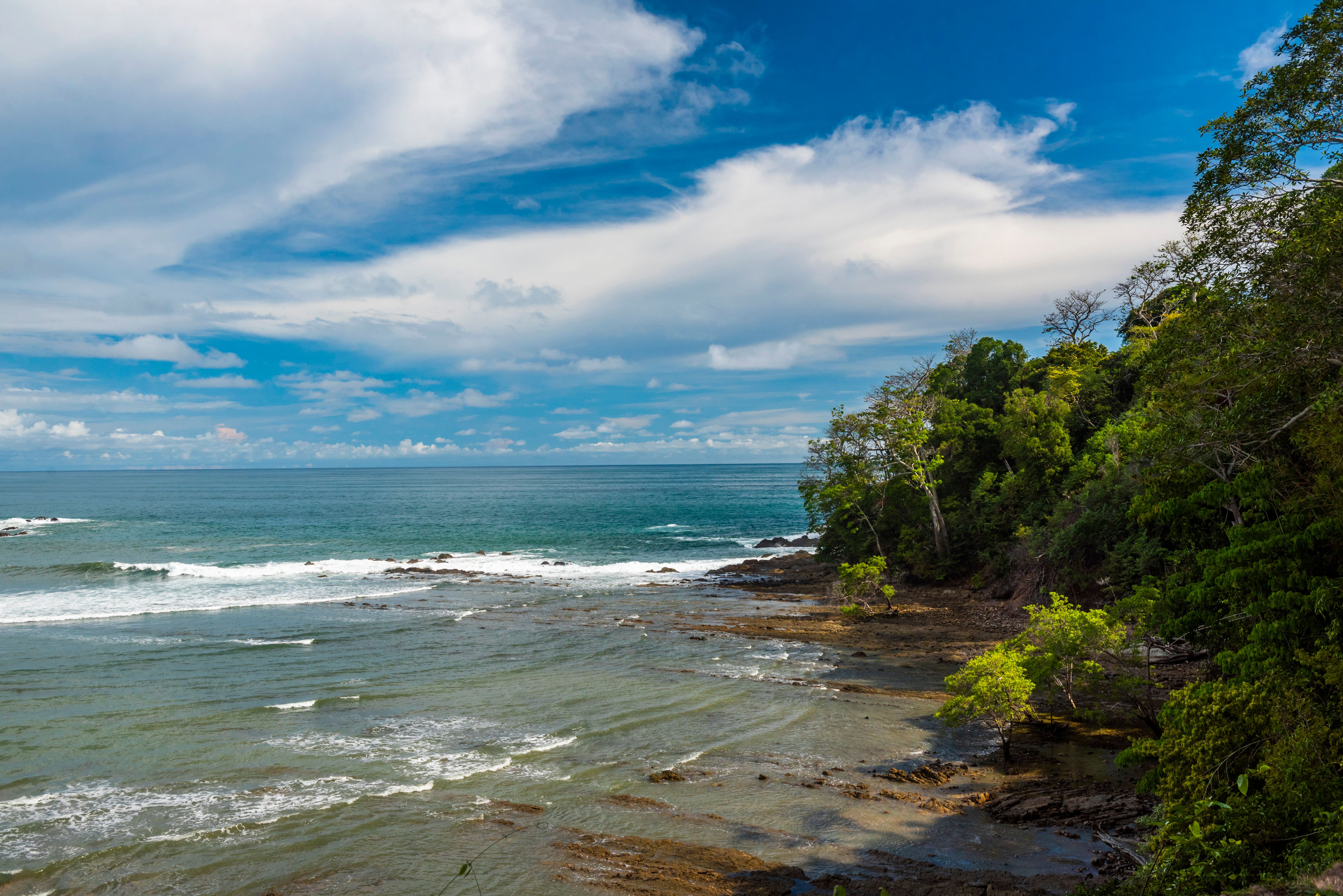 A gorgeous beachside view from ocean to treeline in Dominical, Costa Rica, a great stop for visitors of all kinds.